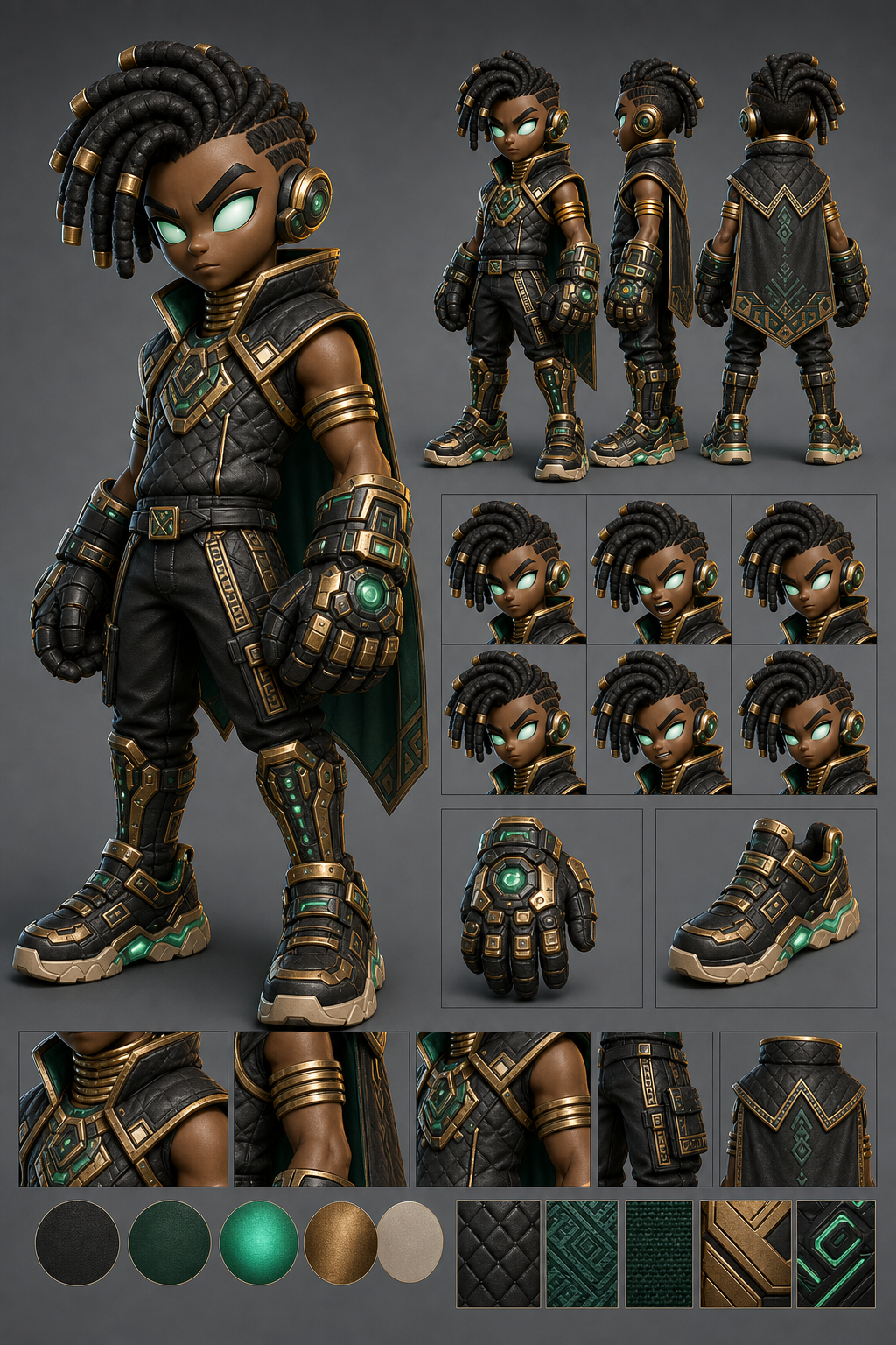 Proposition IA 02 - Capitaine Guardian afro cartoon prestige sport-tech avec anneaux cou bras tibias