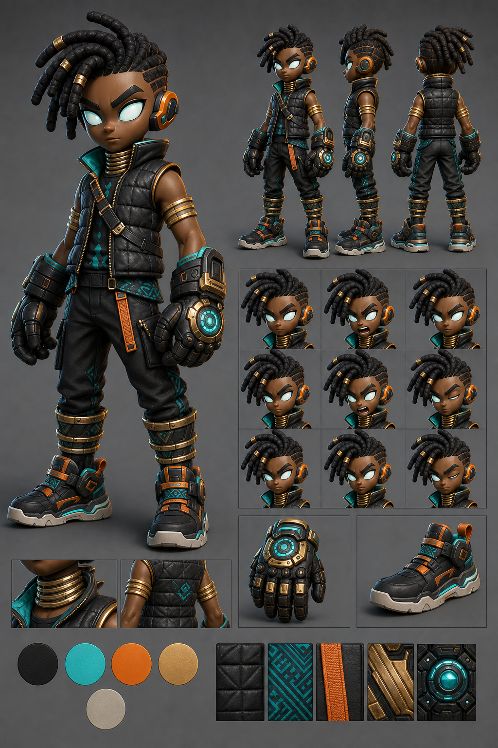 Proposition IA 01 - Capitaine Striker afro cartoon sport-tech avec anneaux cou bras tibias